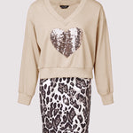 2 Piece Contrast Sequin Heart Pattern V-Neck Sweatshirt Leopard Print Sleeveless Tank Dress Set
