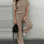 Women's 2 Piece Knit Set Lace Patchwork Short Sleeve Top and Wide Leg Pants Casual Ribbed Brushed Lounge Set
