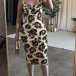 Women's Vintage Flocking Rose Midi Dress Square Neck Sleeveless Bodycon Dress Elegant Club Party Gown