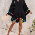 Colorblock V-Neck Bell Sleeve A Line Tassel Mini Dress Vacation Dress