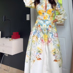 French Style Floral Print Stand Collar Lantern Sleeve Button Down Evening Dress Cinched Waist Vacation Dress with Belt