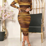 Tie Dye Print Mock Neck Long Sleeve Side Ruched Sexy Sheer Mesh Bodycon Dress with Cami Set