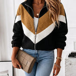 Women's Colorblock Faux Shearling Jacket Casual Zip Up Stand Collar Teddy Coat