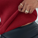 High Neck Long Sleeve Beaded Knit Sweater Hollow-out Fleece Lined Basic Layering Soft Versatile Thermal Top