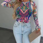 Women's Vintage Abstract Print Sheer Mesh Top Long Sleeve Slim Fit Tee with Thumb Holes