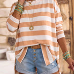 Women's Striped T Shirt Long Sleeve Drop Shoulder Crewneck Tee Side Slit Casual Loose Fit Top
