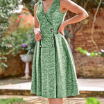 V-Neck Sleeveless Double Breasted Decor A Line Party Dress Causal Ziper Back Peplum Hem Commuting Dress