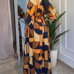 Colorblock Geometric Print V-Neck Batwing Sleeve Ruched Waist Overalls Casual Cinched Waist Wide Leg Jumpsuit