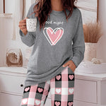 2 Pieces Outfit Good Night Slogan Print Long Sleeve Top and Plaid Print Elastic Waist Pants Set Casual Heart Print Pajamas Set