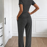 Women's 2 Piece Striped Pajama Set Short Sleeve Square Neck Crop Top and Wide Leg Pants Casual Loungewear