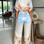 Women's Landscape Print Jumpsuit Drawstring Waist Wide Leg Romper Turn-down Collar Half Sleeve Overalls with Pockets