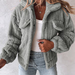Textured Striped Turn-down Collar Button Front Elastic Cuff and Hem Teddy Fleece Jacket With Decorative Flap Pockets