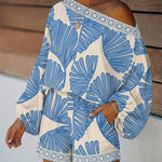 Women's Tropical Leaf Print 2 Piece Set Skew Neck Lantern Sleeve Top and Elastic Waist Shorts with Pockets & Lace