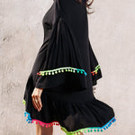 Colorblock V-Neck Bell Sleeve A Line Tassel Mini Dress Vacation Dress