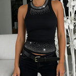 Rhinestone Decor O-neck Sleeveless Slim Fit Ribbed Tank Top