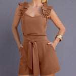 CHICME Women's 2 Piece Shorts Set Ruffle Strap Sleeveless Top and High Waisted Shorts with Pockets