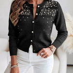 Women's Pearl Beaded Knit Cardigan Elegant Hollow Out Crop Sweater Casual Button Down Coat