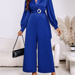 Metal Ring Decor Overlap V-Neck Lantern Sleeve Zipper Back Jumpsuit Casual Cinched Waist Wide Leg Jumpsuit