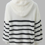 Women's Striped Henley Drawstring Hooded Sweater Loose Fit Lantern Sleeve Knit Pullover