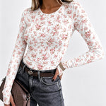 Women's Ditsy Floral Print Crew Neck Long Sleeve Slim Fit Top with Thumbholes