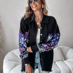 Colorblock Sequin Patchwork Long Sleeve Jacket Top Button Front Raw Hem Shacket