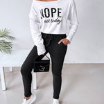 2 Pieces Outfit NOPE. not today Slogan Print Skew Neck Long Sleeve Pullover Top and Casual Drawstring Stretchy Waist Slim Fit Pants Set