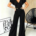 Women's Sexy V Neck Jumpsuit Sleeveless Ruffle Flare Leg Romper Elegant High Waisted Jumpsuit with Gold Chain Decor