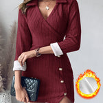Polo V-Neck Long Sleeve Fleece Lined Bodycon Dress Slit Button Decor Ribbed Mini Dress