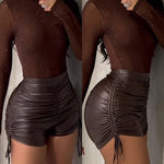 Women's Sexy PU Leather Shorts High Waisted Ruched Drawstring Faux Leather Shorts Elastic Waist Trendy Party Clubwear