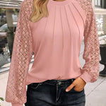 Contrast Lace Round Neck Lantern Sleeve Ruched Blouse Elegant Shirt