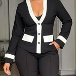 Women's Contrast Binding Coat Casual Slim Fit V Neck Jacket Button Front Office Business Workwear