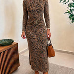 Women's Leopard Print Long Sleeve Party Dress Slim Fit Gold Ring Twist Side Slit Dress