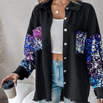 Colorblock Sequin Patchwork Long Sleeve Jacket Top Button Front Raw Hem Shacket