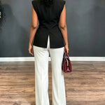 Women's Colorblock 2 Piece Suit Asymmetric Blazer Vest and High Waisted Straight Leg Pants Elegant Business Outfit