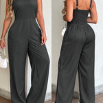 V-Neck Adjustable Thick Straps Denim Overalls Casual Shirred Back Wide Leg Suspender Jumpsuit