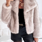 Turn-down Collar Long Sleeve Faux Fur Coat Jacket Casual Warm Fluffy Cropped Coat