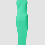 Side Slit Drawstring Ruched Bodycon Casual Sun Maxi Dresses Sleeveless Ribbed Tank Dress