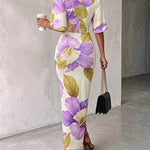 Women's Floral V Neck Drawstring Ruched Maxi Dress Batwing Sleeve Slit Bodycon Vacation Dress