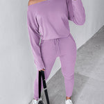 2 Pieces Outfit Long Sleeve Skew Neck Pullover Top and Drawstring Elastic Waist Slim Fit Pants Set