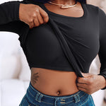 Built In Bra U Neck Tee High Stretchy Knit T-Shirt Long Sleeve Top