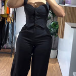 2 Pieces Outfit Thick Strap Button Front Shirred Back Slim Fit Crop Top and Casual High Waist Zipper Fly Elastic Back Waist Wide Leg Pants Set