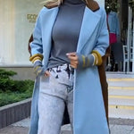Color Block Long Trench Coat Single Breasted Detachable Fuzzy Leopard Pattern Lapel Overcoat