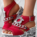 Newspaper Rhinestone Gear Pattern Slingback Platform Wedge Sandals
