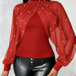 Pearls Decor High Neck Chiffon Draped Cape-style Cloak Sleeve Spliced Tee Ruched Hollow-out Back Slim Fit Top