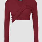 Chicme Built In Bra Notch Neck Long Sleeve Shirts Rib Knit Ruched Waist Top