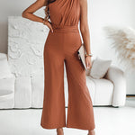 One Shoulder Sleeveless Ruched Cinched Waist Zipper Side Overalls Tied Detail Elastic Waist Wide Leg Jumpsuit