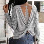 Women's Long Sleeve Knit Top Backless Twist Lace Panel Casual Tee
