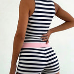 Women's 2 Piece Striped Slim Fit Outfit Sleeveless Polo Top and High Waisted Shorts Set
