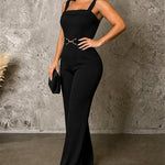 Women's Square Neck Jumpsuit Thick Strap Gold Decor High Waist Straight Leg Overalls with Pockets