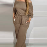 Off Shoulder V Back Elastic Waist Pockets Design Jumpsuit Casual Drop Shoulder Cinched Waist Wide Leg Jumpsuit